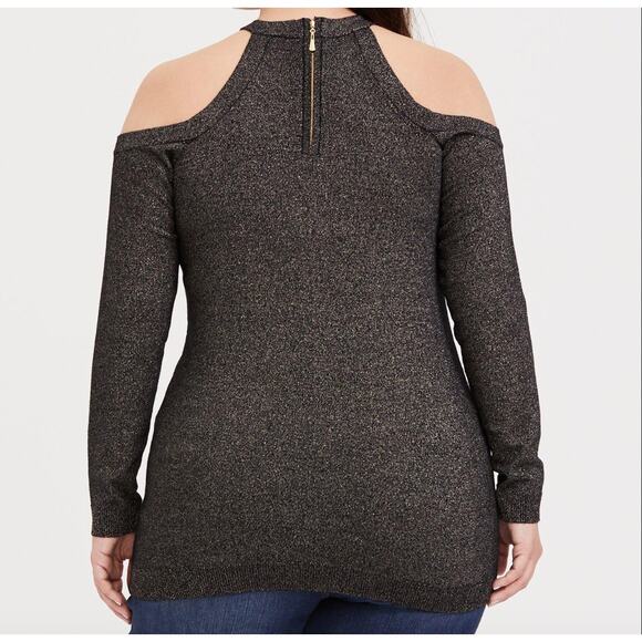Torrid Cross Neck Cold Shoulder Lurex Pullover Sweater Black Gold Glitter Sz 1X - Picture 14 of 14